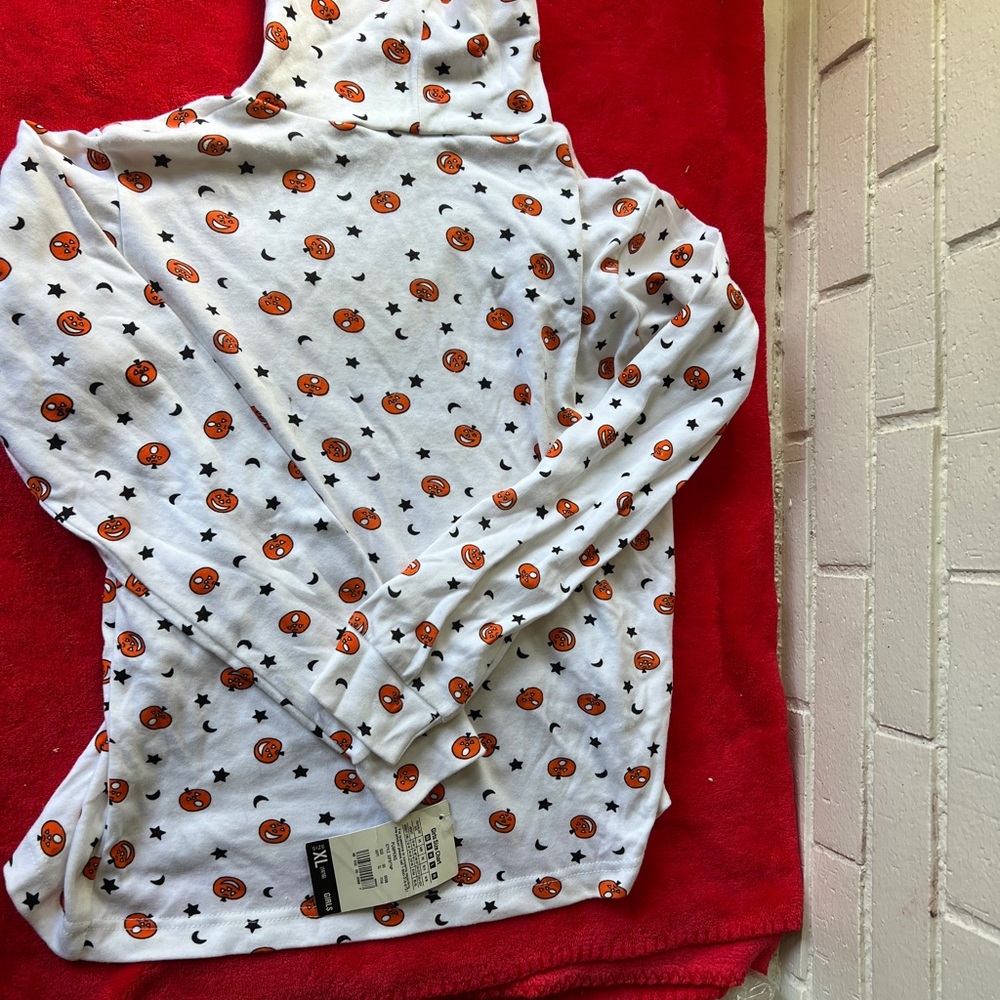White and Orange Long Sleeve Tee with Playful Pattern